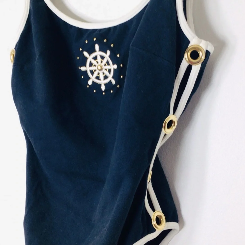 La Blanca one piece swimsuit 12 blue rare USA cotton nautical sail classic - Picture 2 of 8